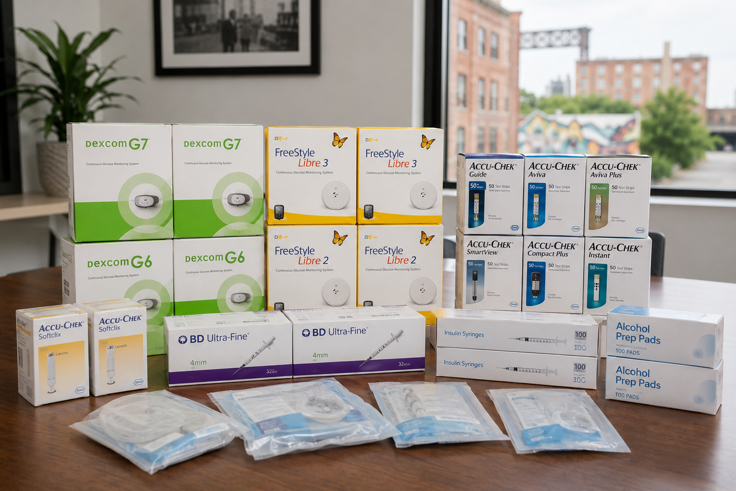 Assorted medical test kits and supplies arranged on a table in a bright room