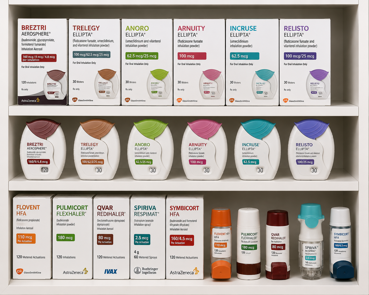 Assorted skincare products in white boxes and bottles, neatly arranged on shelves with colorful labels.