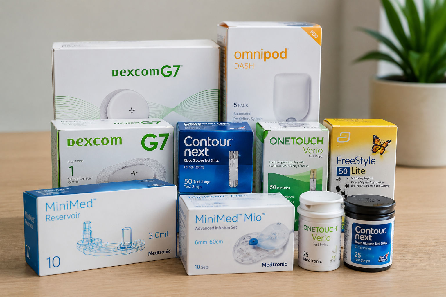 Assorted diabetes supplies and glucose meters arranged on a table, including Dexcom, Omnipod, and OneTouch boxes.