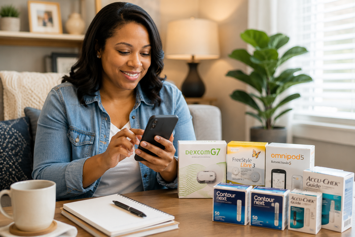 Person smiling at a smartphone beside product boxes on a table in a bright living room
