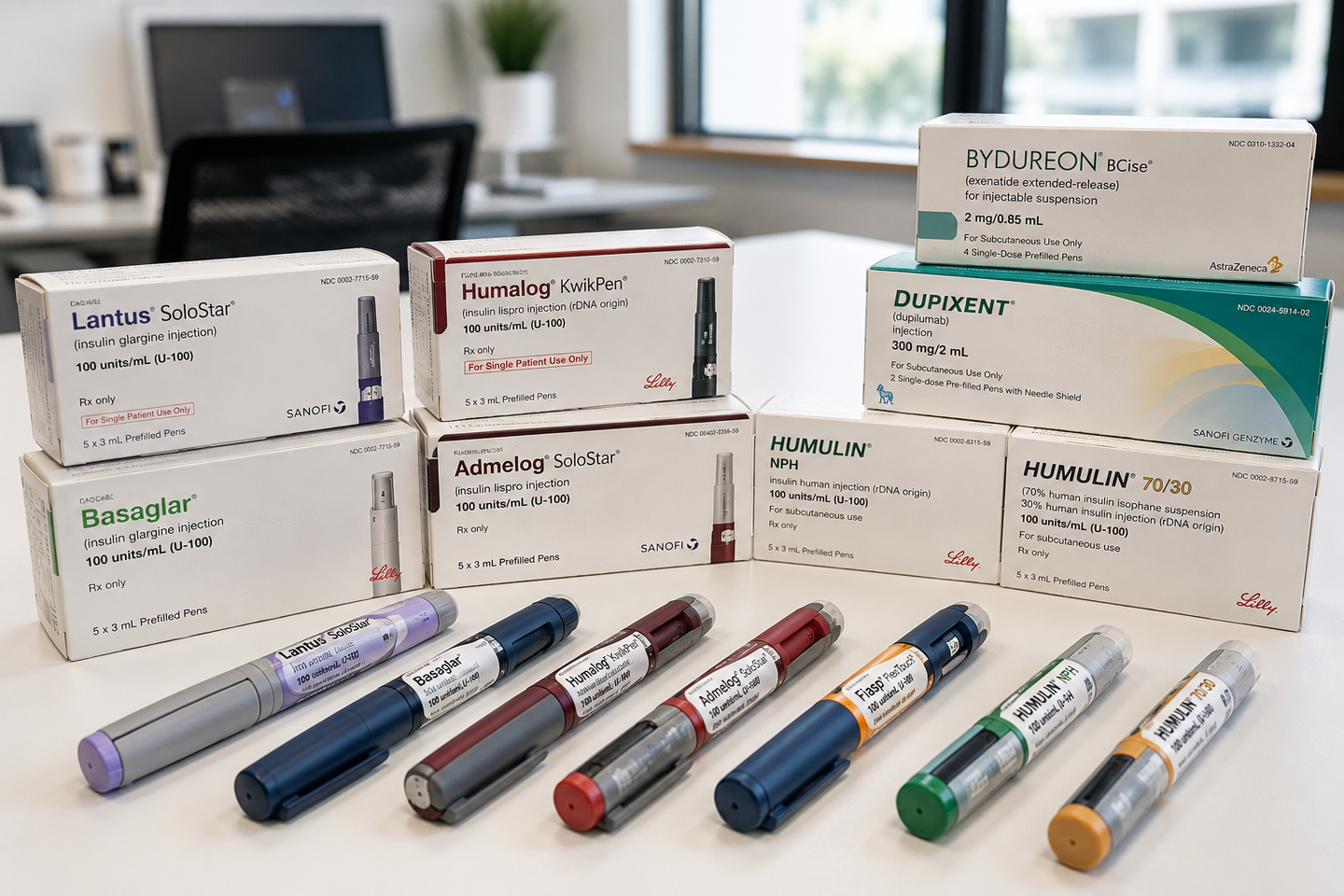Boxes and syringes of hormone medication arranged on a table