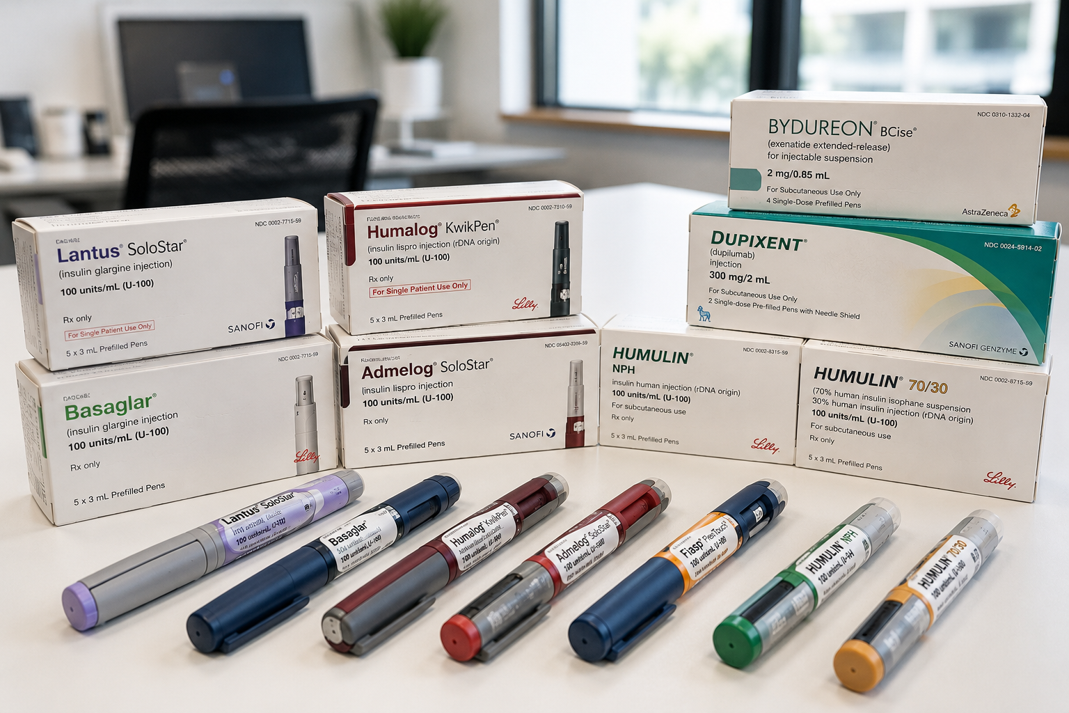 Assorted prescription medication boxes and colorful inhalers arranged on a table