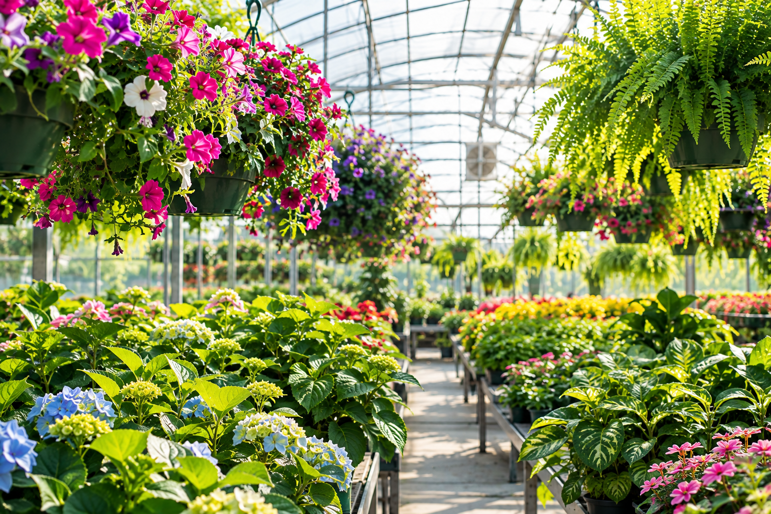 A row of hanging baskets filled with red and white flowers