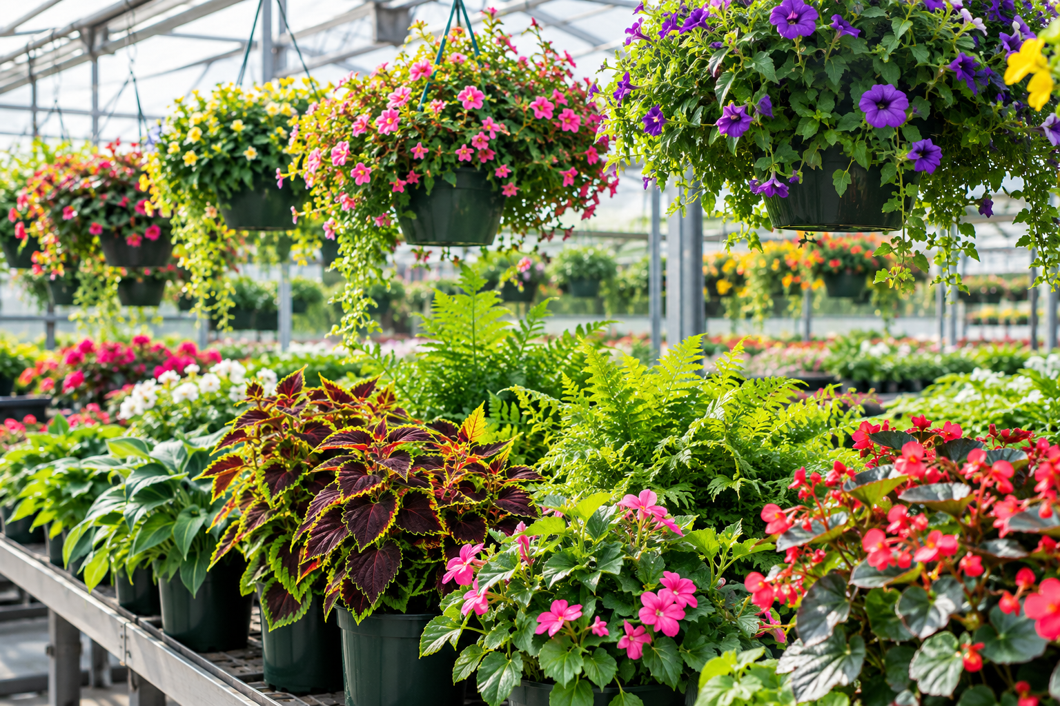 A cart filled with lots of flowers is in a greenhouse.