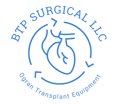The logo for btp surgical llc ogran transplant equipment shows a heart in a circle.