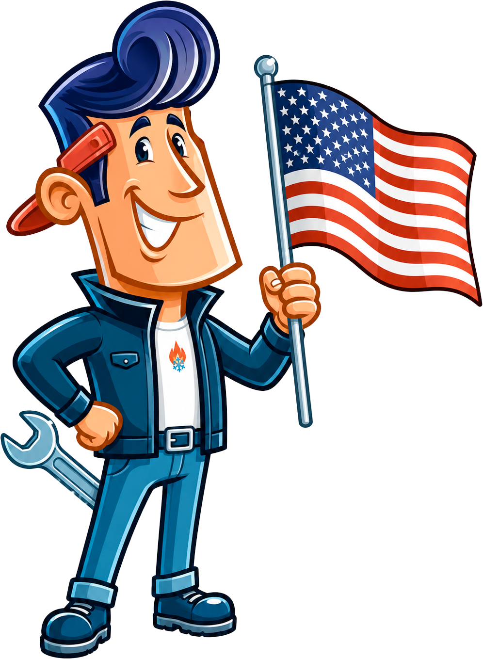 Cartoon mechanic holding an American flag, wearing blue coveralls and smiling
