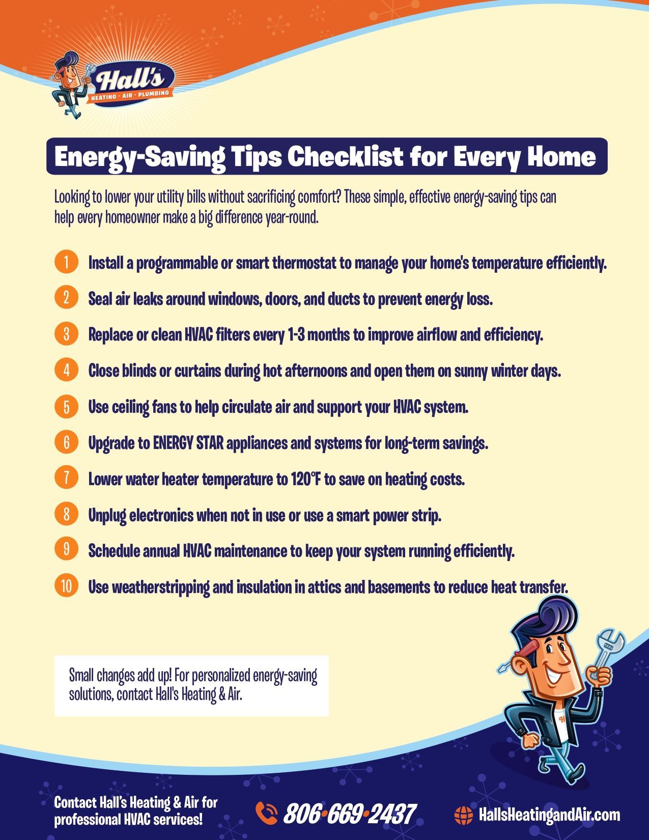 Energy-saving tips checklist from Hall's. A cartoon man is on the side. Text about saving energy.