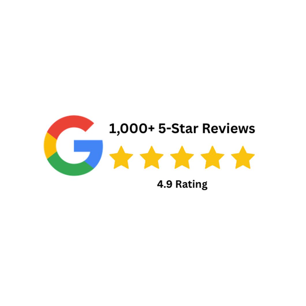 Google logo with “1,000+ 5-Star Reviews,” five gold stars, and “4.9 Rating” text