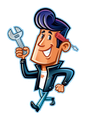 Mechanic with pompadour hairstyle, holding wrench and screwdriver, smiling.