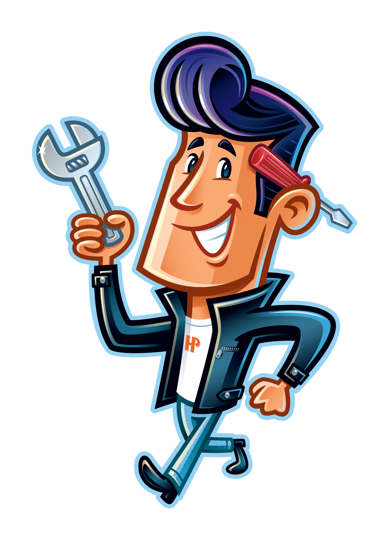 Mechanic with blue hair, holding wrench and screwdriver, smiling, wearing leather jacket.