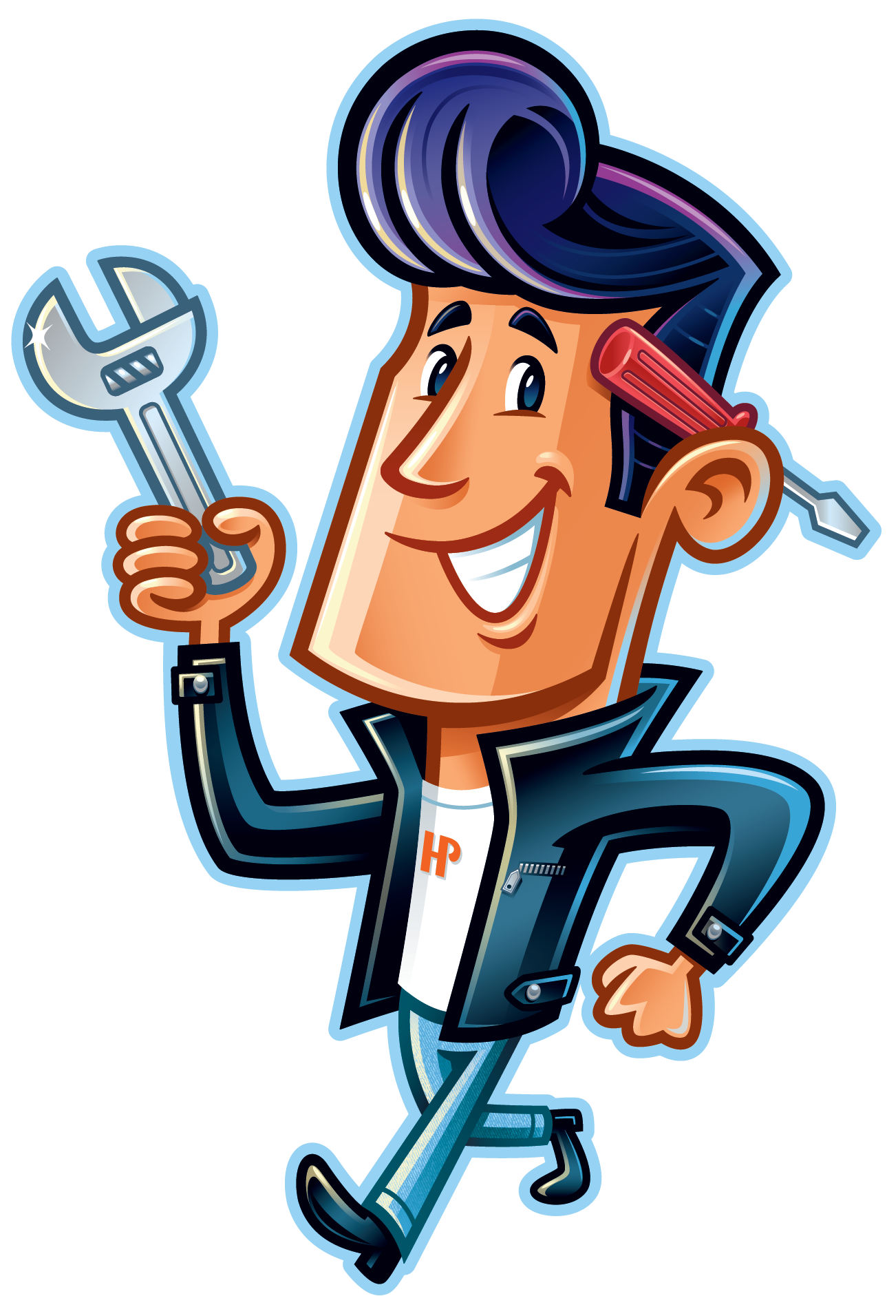 Cartoon mechanic with a wrench and screwdriver; smiling, walking forward.