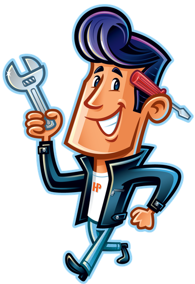 Cartoon mechanic with pompadour, holding wrench and screwdriver, wearing jacket and walking forward.