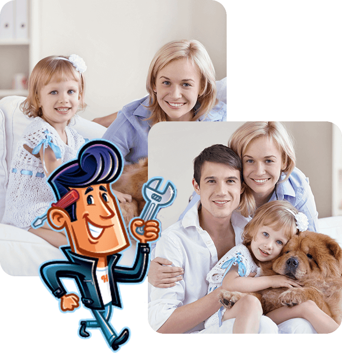 Cartoon handyman with a wrench, beside two family photos: mother and daughter smiling, family hugging with a dog.