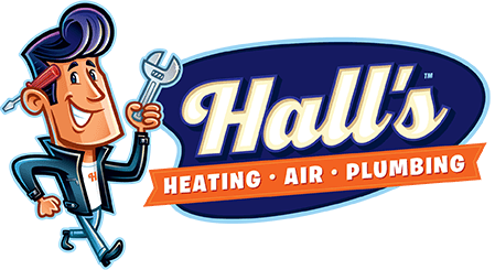 Cartoon man with wrench, Hall's Heating, Air, Plumbing logo.