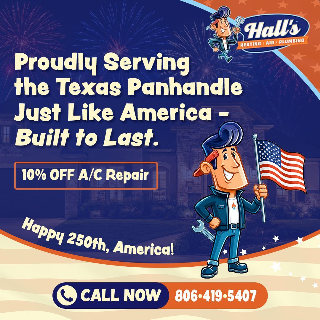 Hall's Heating Air Plumbing logo: Cartoon man with wrench, text on blue/orange banner.