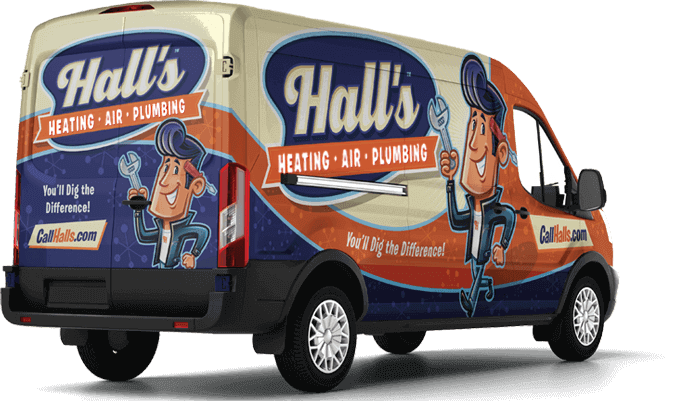Hall's Heating-Air-Plumbing van with cartoon plumber holding wrench, in blue, orange, and white.