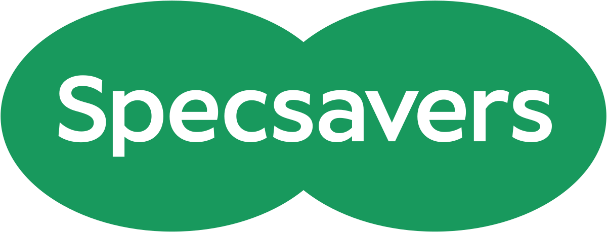 Specsavers logo: White text on a green, connected, oval shape.