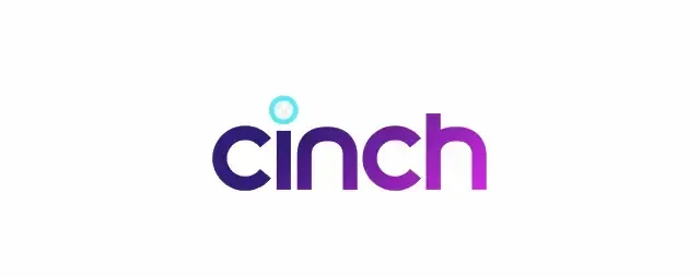 Cinch logo with dark blue to purple gradient text. Small light blue circle above the