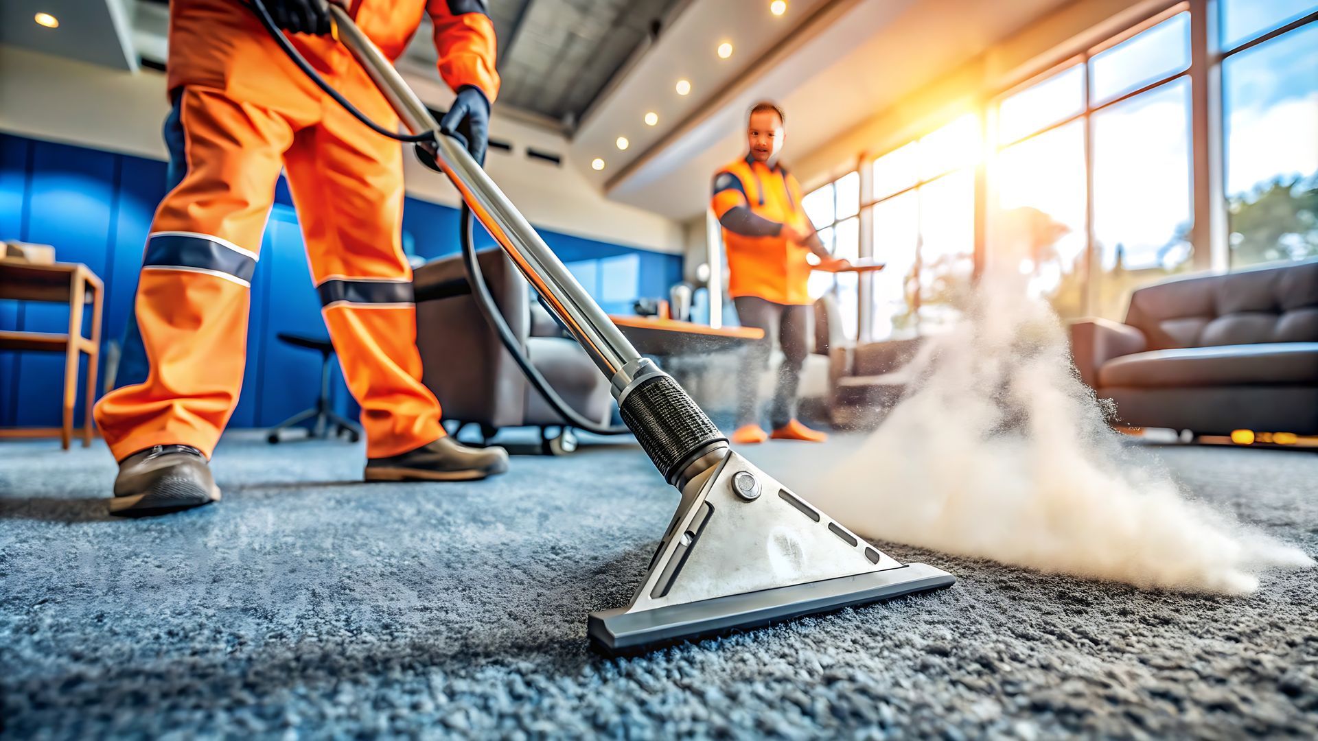 Deep carpet cleaning service in action with a high-powered industrial floor scrubber and foam. Deep carpet cleaning service in action with a high-powered industrial floor scrubber and foam.