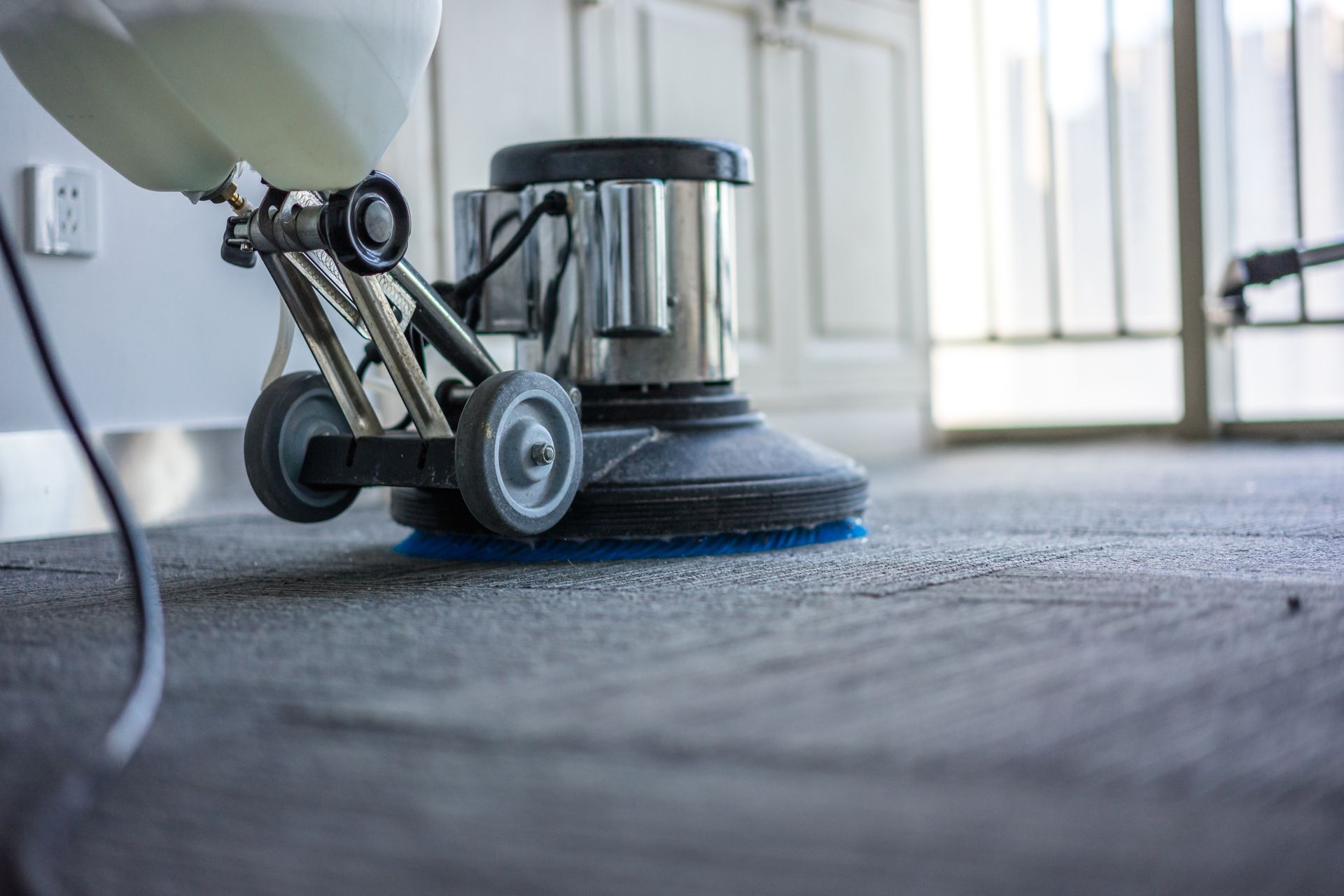 Close-up of a rotary floor buffer during a deep residential carpet cleaning service in a home.