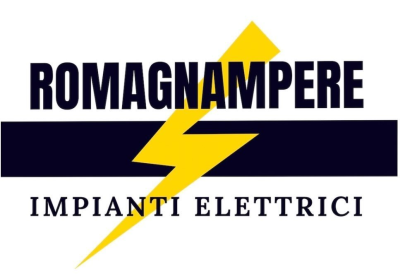 Logo di Romagnampere Impianti Elettrici caratterizzato da testo blu scuro con un fulmine giallo al centro.