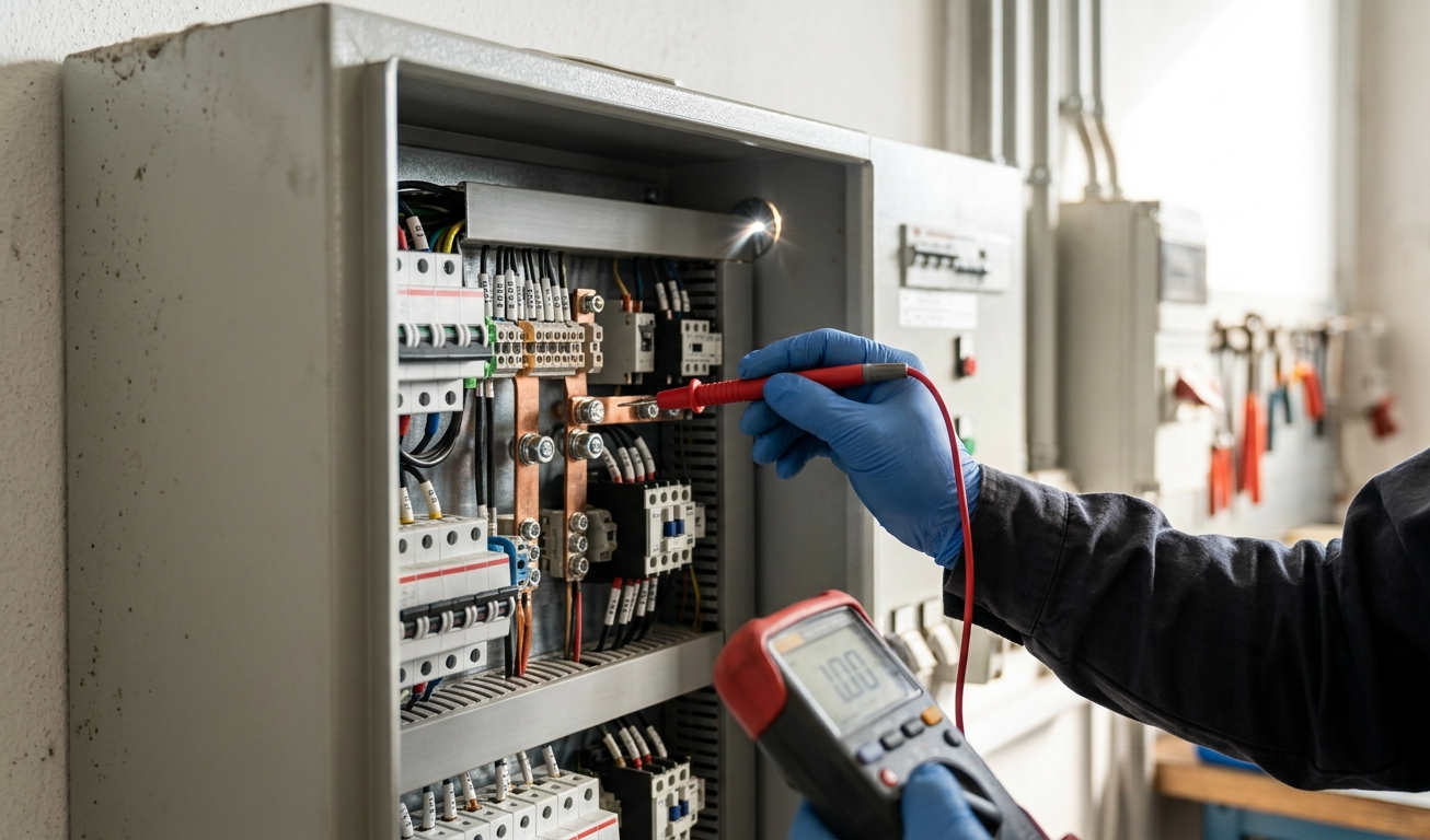 Un tecnico con i guanti blu testa un quadro elettrico con un multimetro digitale all'interno di un'officina industriale.