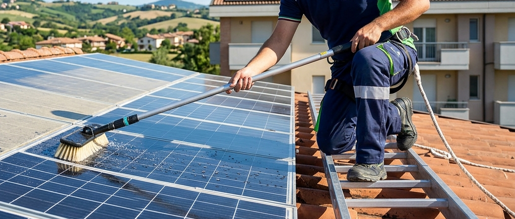 Una persona in abiti da lavoro su un tetto utilizza una spazzola a manico lungo per pulire i pannelli solari.
