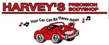 Harvey's Precision Body Shop logo: A smiling red cartoon car, music notes, and text 