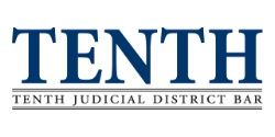 The logo for the tenth judicial district bar is blue and white.