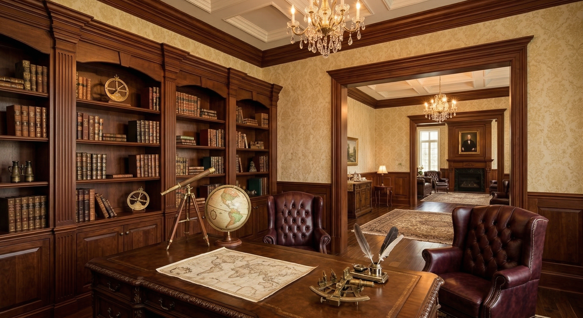 A luxurious wooden home library with bookshelves, a globe, a desk, and two leather chairs leading to an adjacent room.