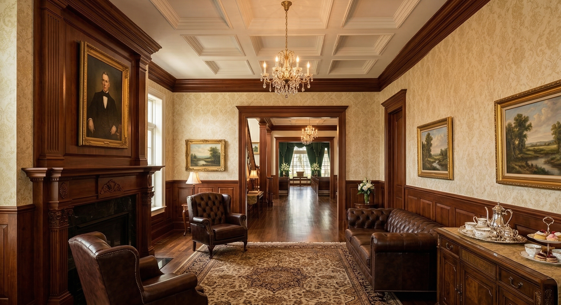 A formal lounge with wood paneling, leather chairs, an ornate fireplace, a coffee service, and classic landscape art.