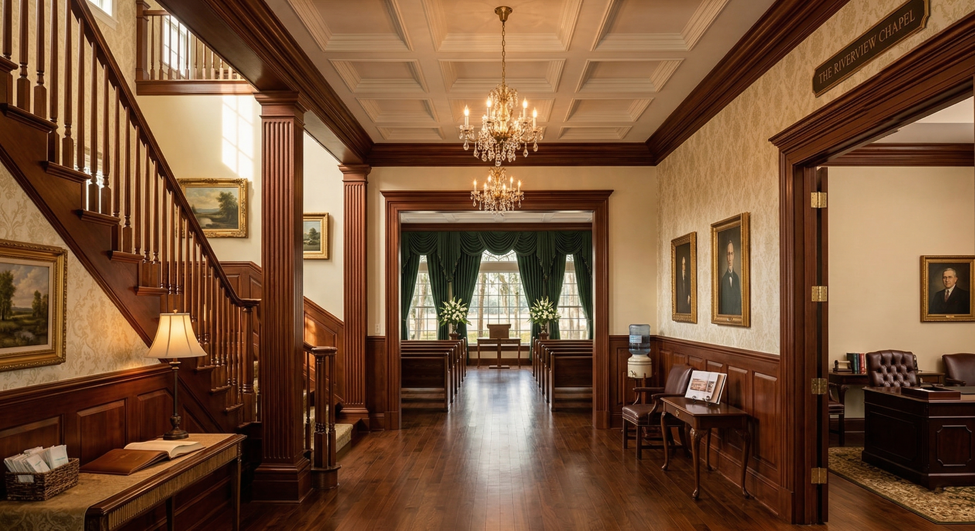 Elegant wood-paneled lobby with a staircase, chandelier, hardwood floors, and portraits leading to a parlor.
