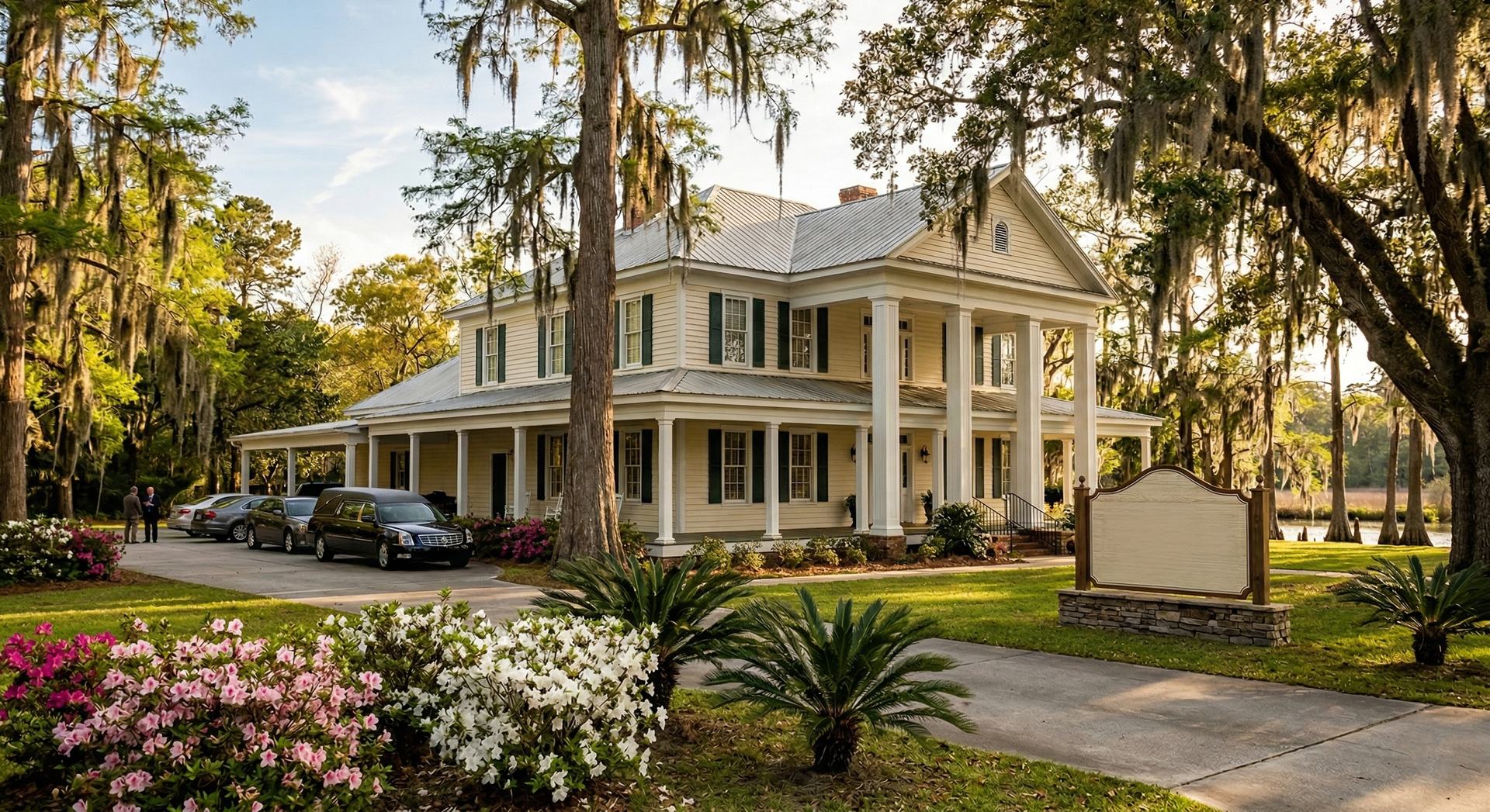 A large, two-story plantation-style home with a wrap-around porch, surrounded by lush trees with hanging Spanish moss.