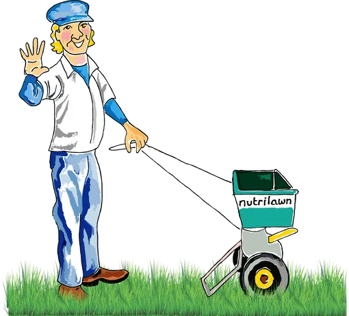 A cartoon of a man spreading fertilizer on a lawn