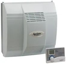 A white air conditioner with a remote control attached to it.