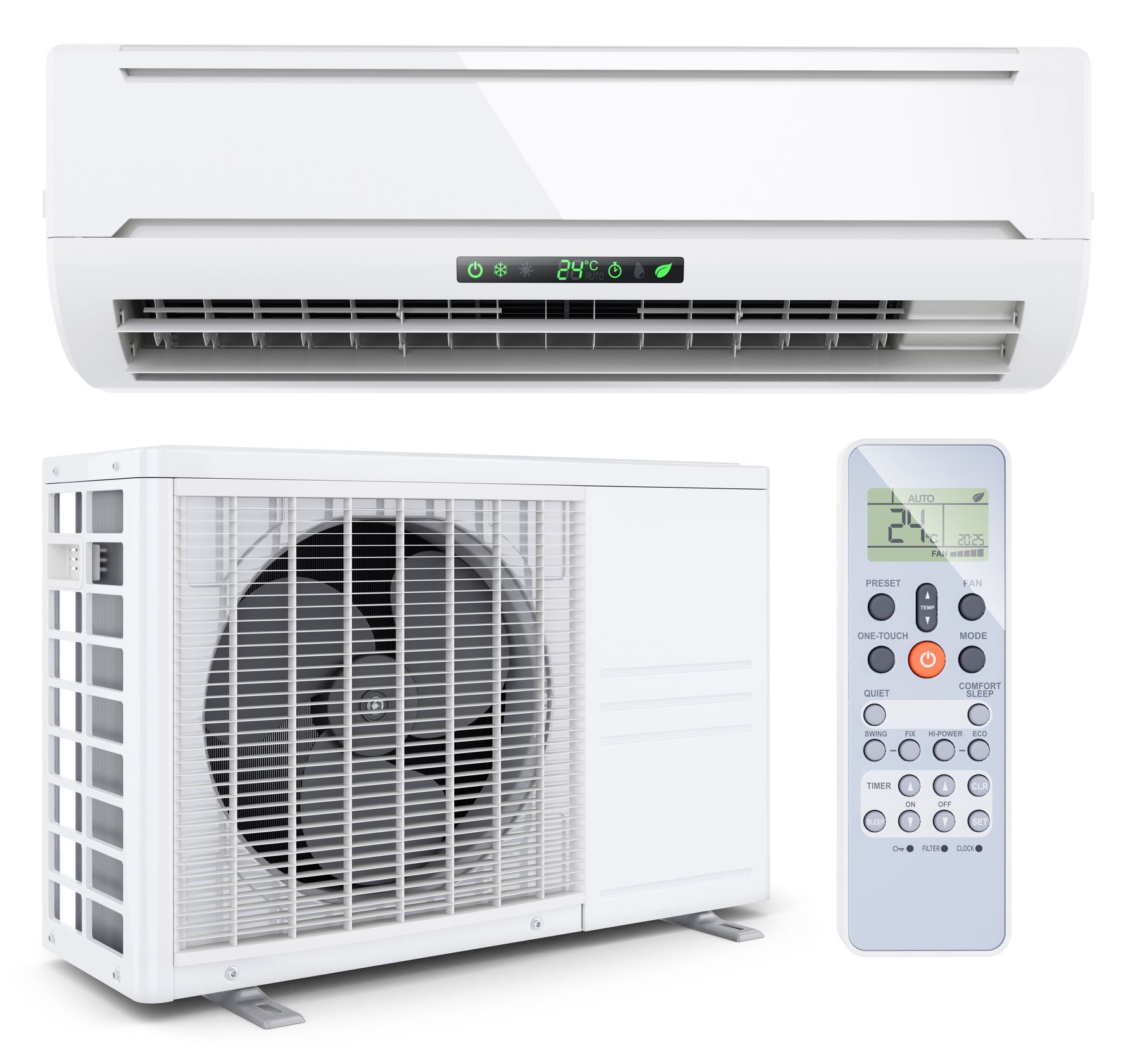 A white air conditioner with a remote control next to it