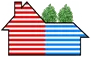 A red , white and blue striped house with two trees on the roof. A red , white and blue striped house with two trees on the roof.
