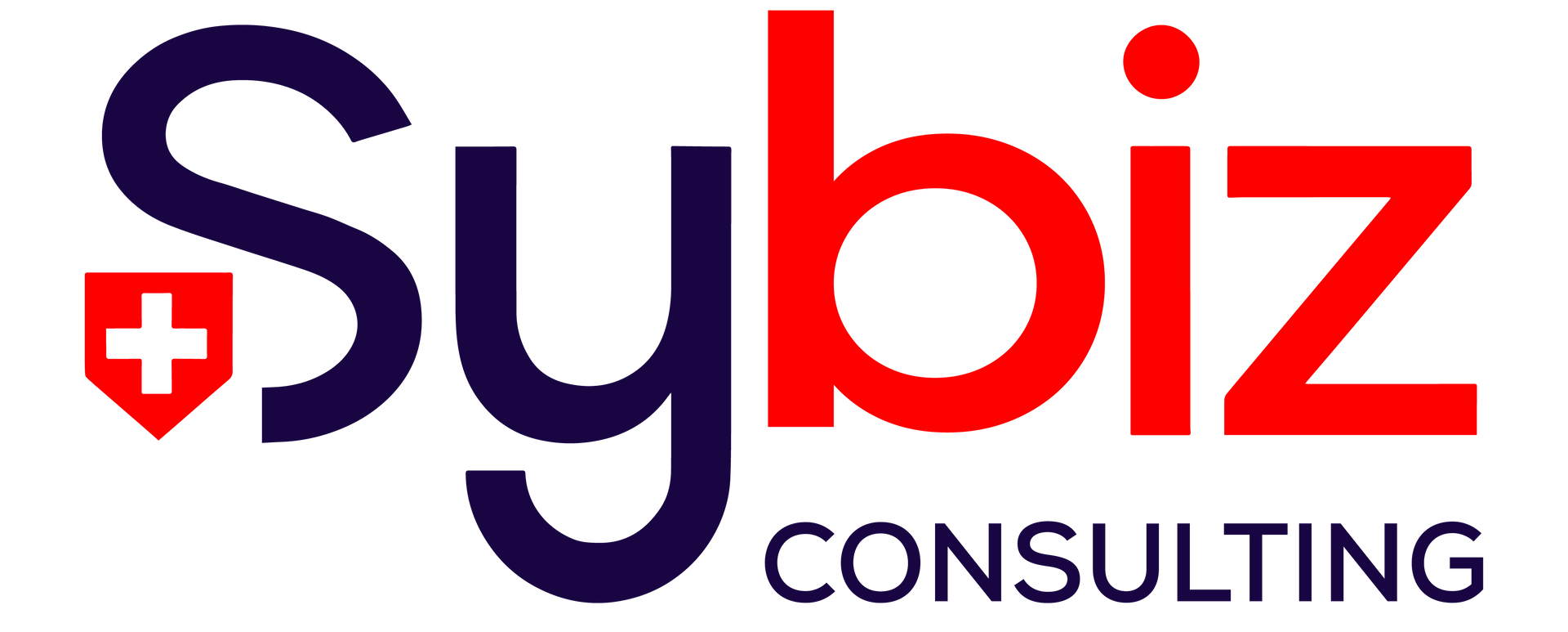 Logo de Sybiz Consulting avec texte rouge et bleu marine et icône d'écusson rouge avec une croix blanche
