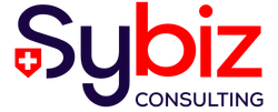 Logo de Sybiz Consulting avec texte rouge et bleu marine et icône d'écusson rouge avec une croix blanche