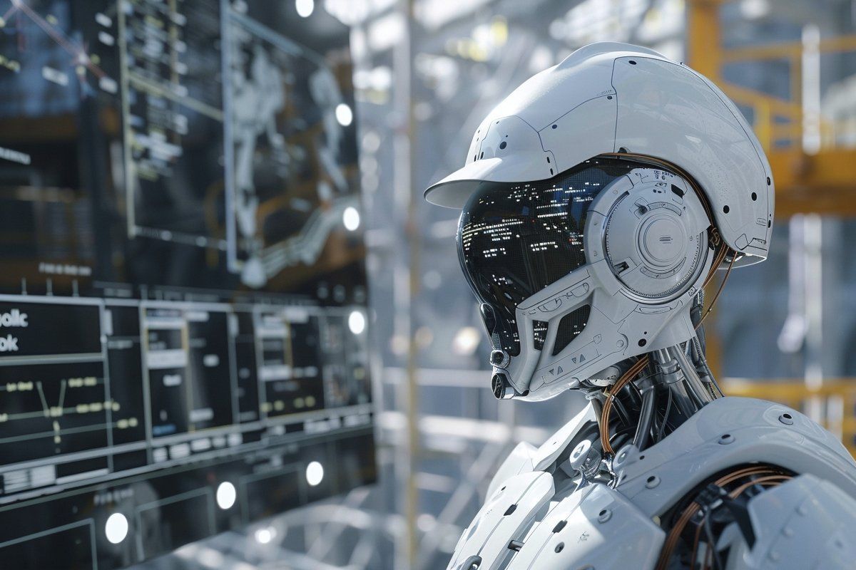 Robot humanoïde blanc dans une salle de contrôle futuriste, face à des écrans transparents affichant des données.