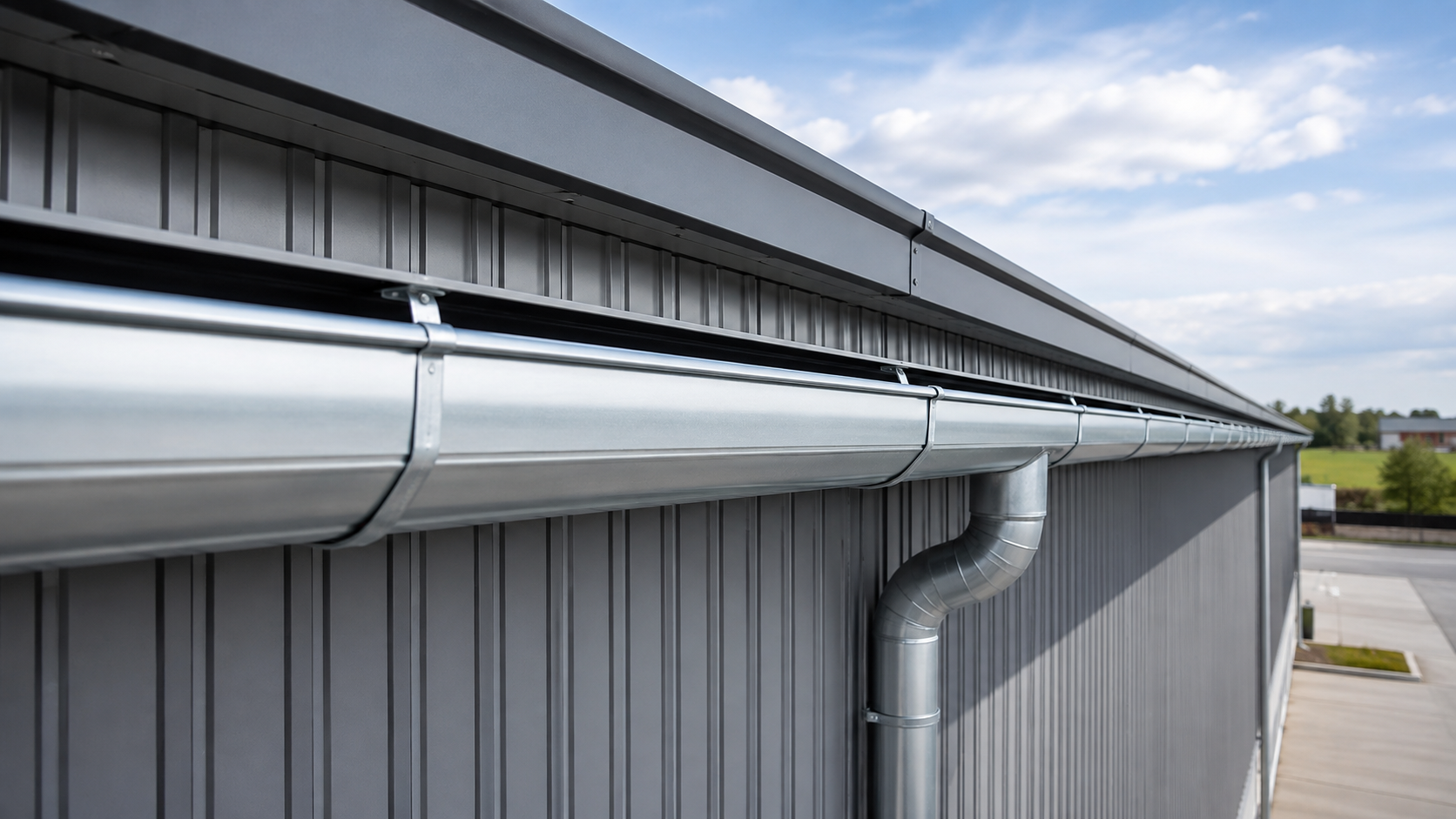 Silver gutter and downspout on a gray metal building exterior under a cloudy sky
