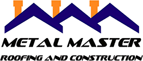 Metal Master Roofing and Construction logo with blue roof lines and orange accents