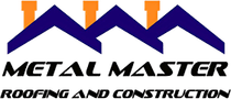 Metal Master Roofing and Construction logo with blue roof lines and orange accents
