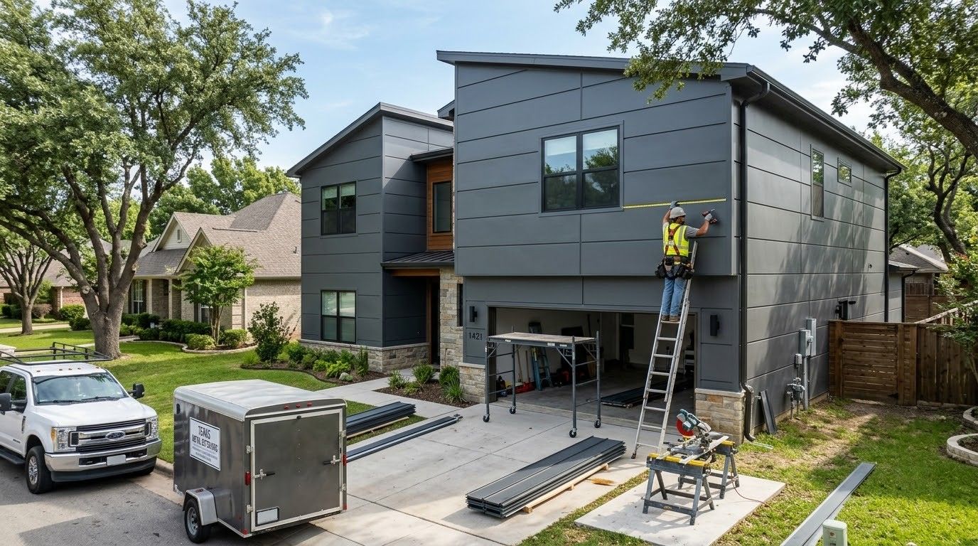 Workers installing beige vinyl siding on a house exterior