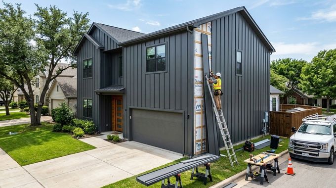 Blue vinyl house siding with white trim at an exterior corner