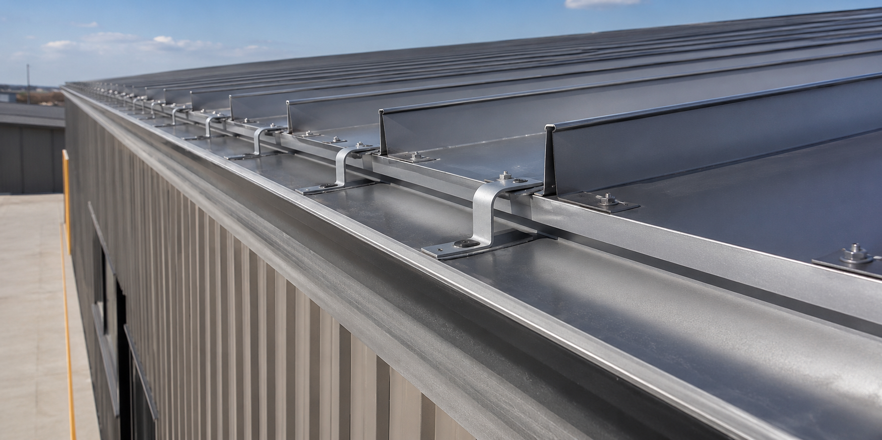 Roof-mounted solar panels on a commercial building with metal edge railing