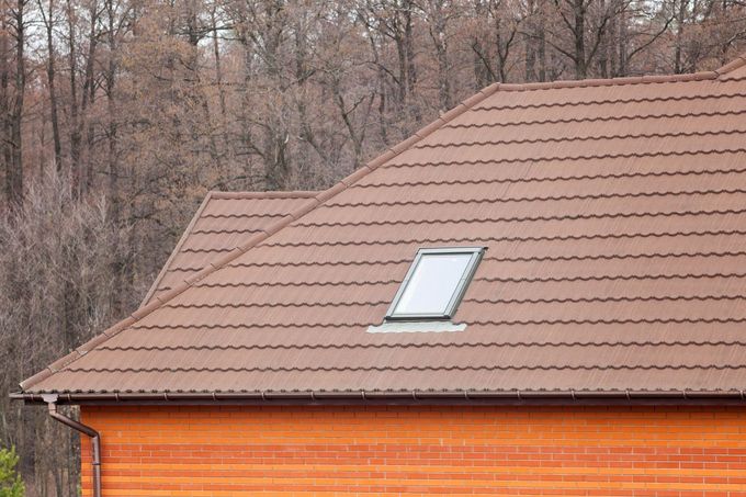 Brown tiled roof with a skylight above an orange wooden building, set against bare trees.