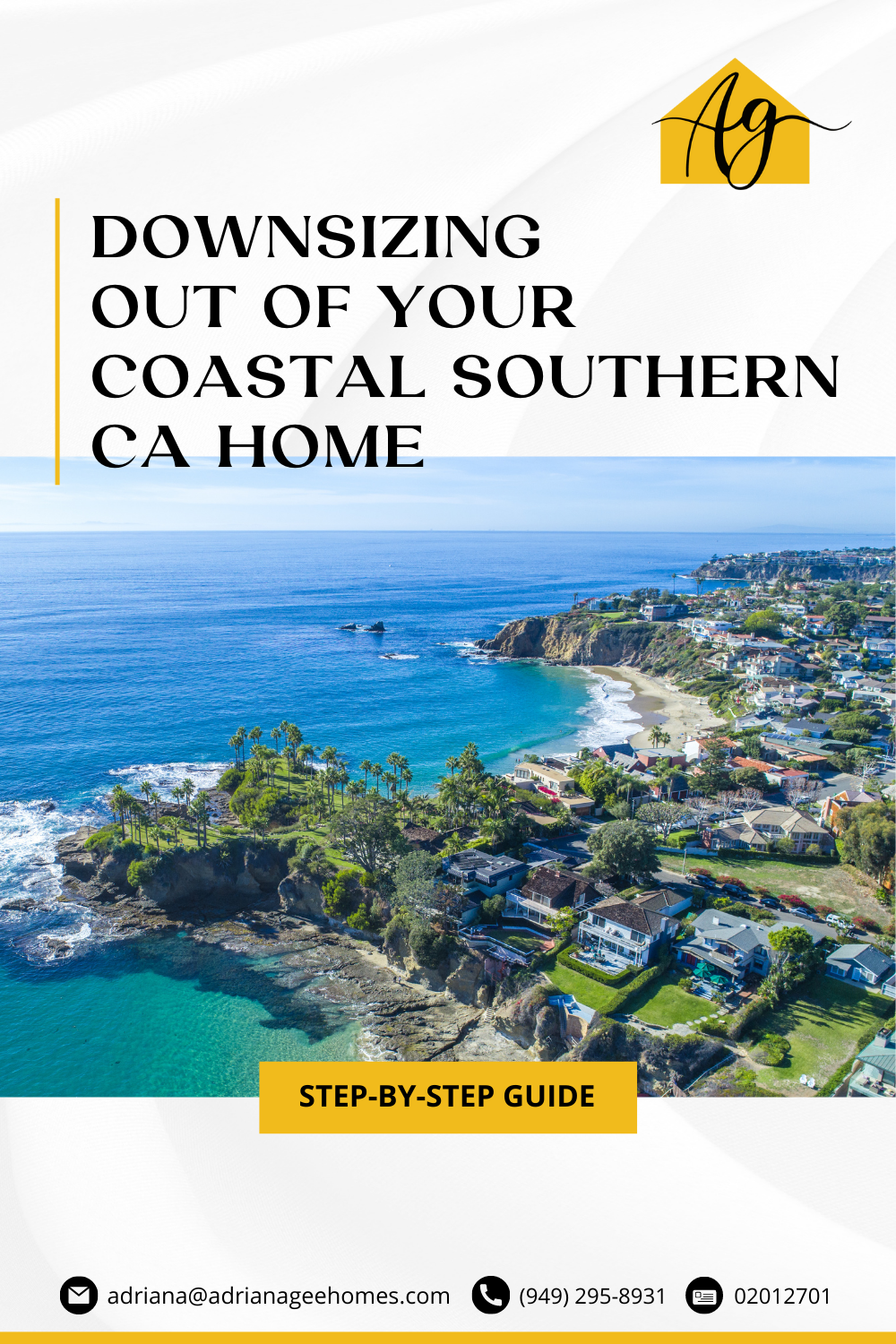 Coastal home ocean view with text “Downsizing Out of Your Coastal Southern CA Home” and a step-by-step guide banner