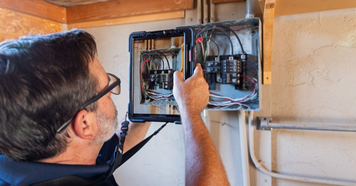 A view from behind as a man with glasses and a grey beard studies a home's old electrical box with a