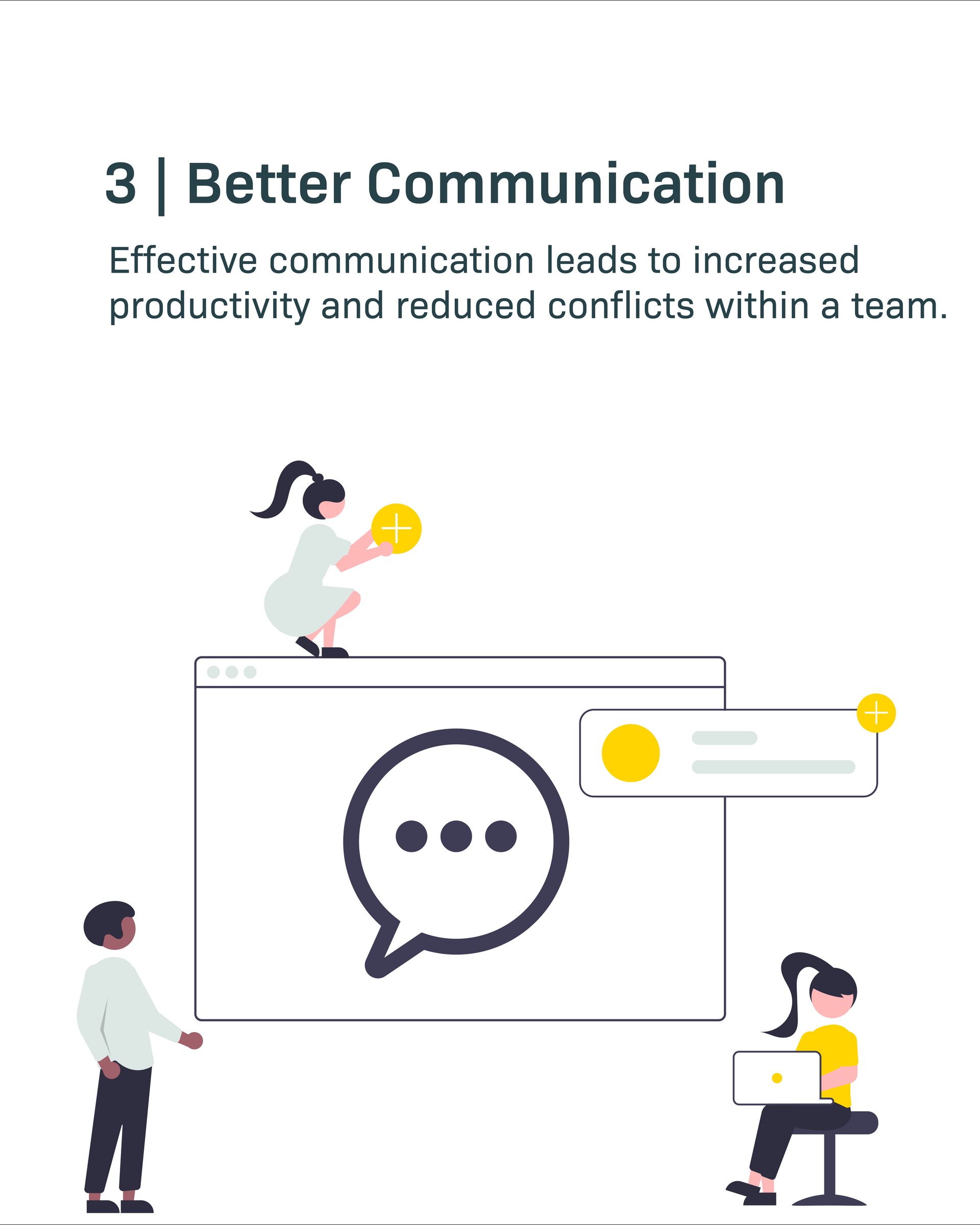 Illustration of team communication with people around a chat bubble and the text “Better Communication.”